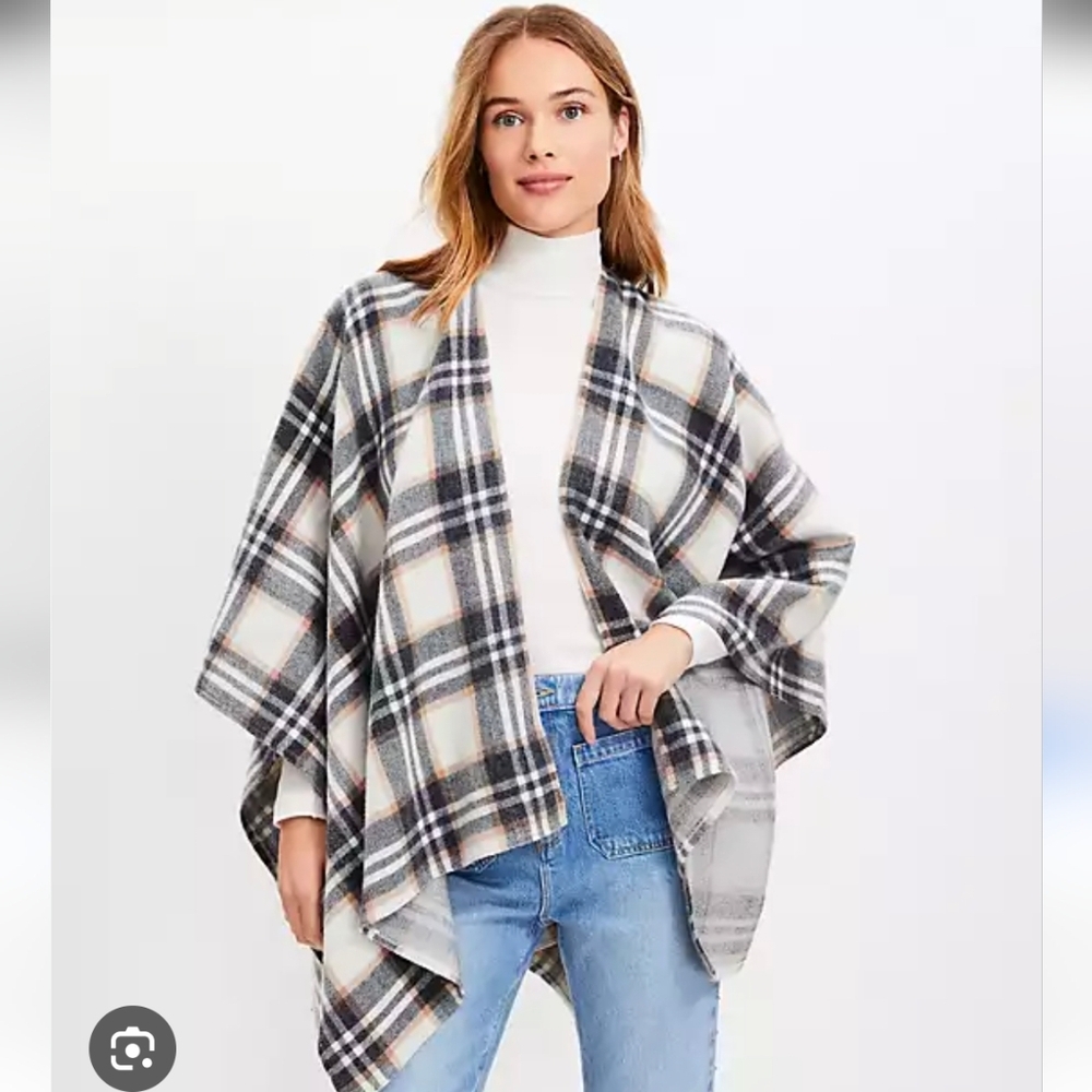 Loft Chic Plaid Wrap Poncho Shawl Women Neutral Plaid One Size XS S